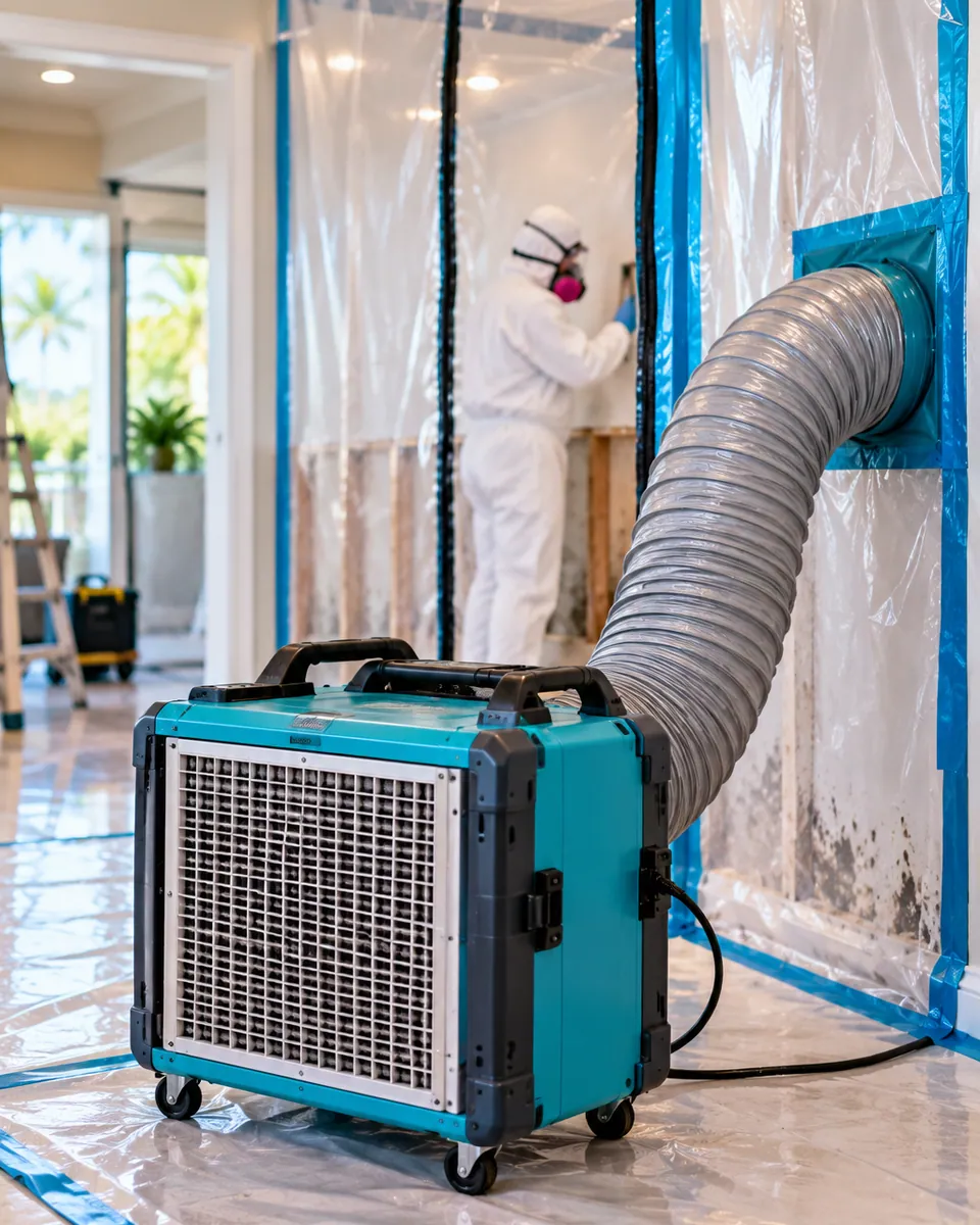 HEPA air scrubber and poly containment set up for mold remediation in Tequesta