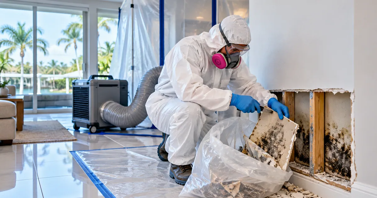 Open-for-Business Mold Removal in Tequesta, FL — technician removing mold under containment